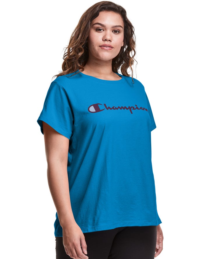 Champion Plus Classic Script Logo T-Shirt Dames - Blauw - Belgie 1407XBSIE